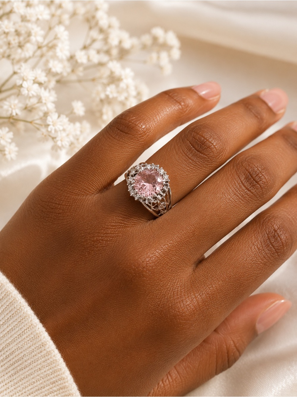Vintage Style Pink Stone Cocktail Ring White Gold Filled Halo Cluster Statement